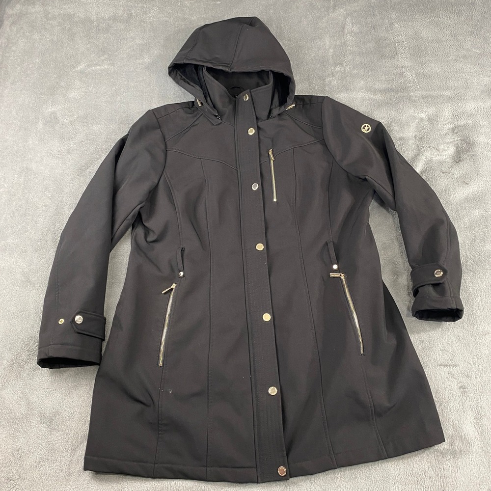 Michael Kors Jacket Women's XL Black Removable Hood Softshell Zip Lined Fleece